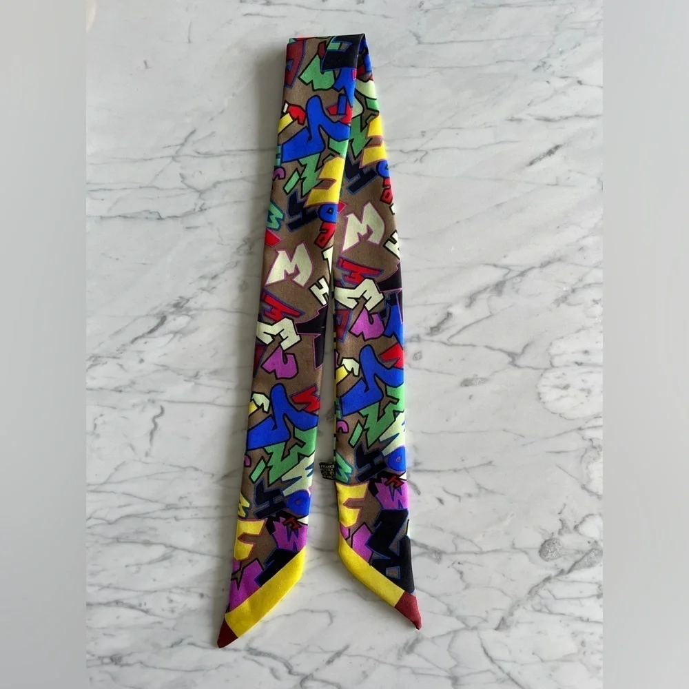 Silk Twilly Scarf, Graffiti Pattern, Multicolor